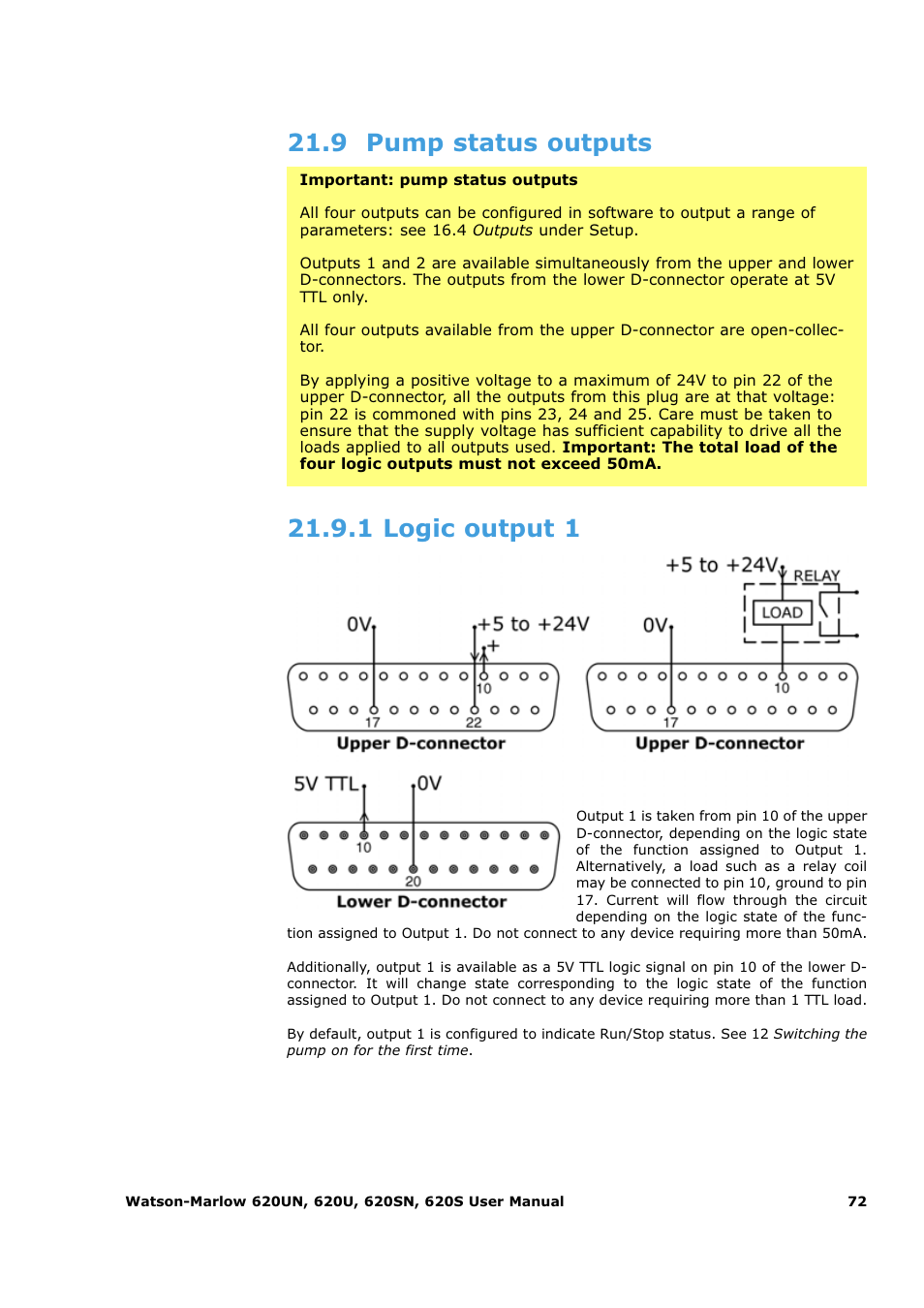 9 pump status outputs, 1 logic output 1 | Watson-Marlow 620U User Manual | Page 72 / 100