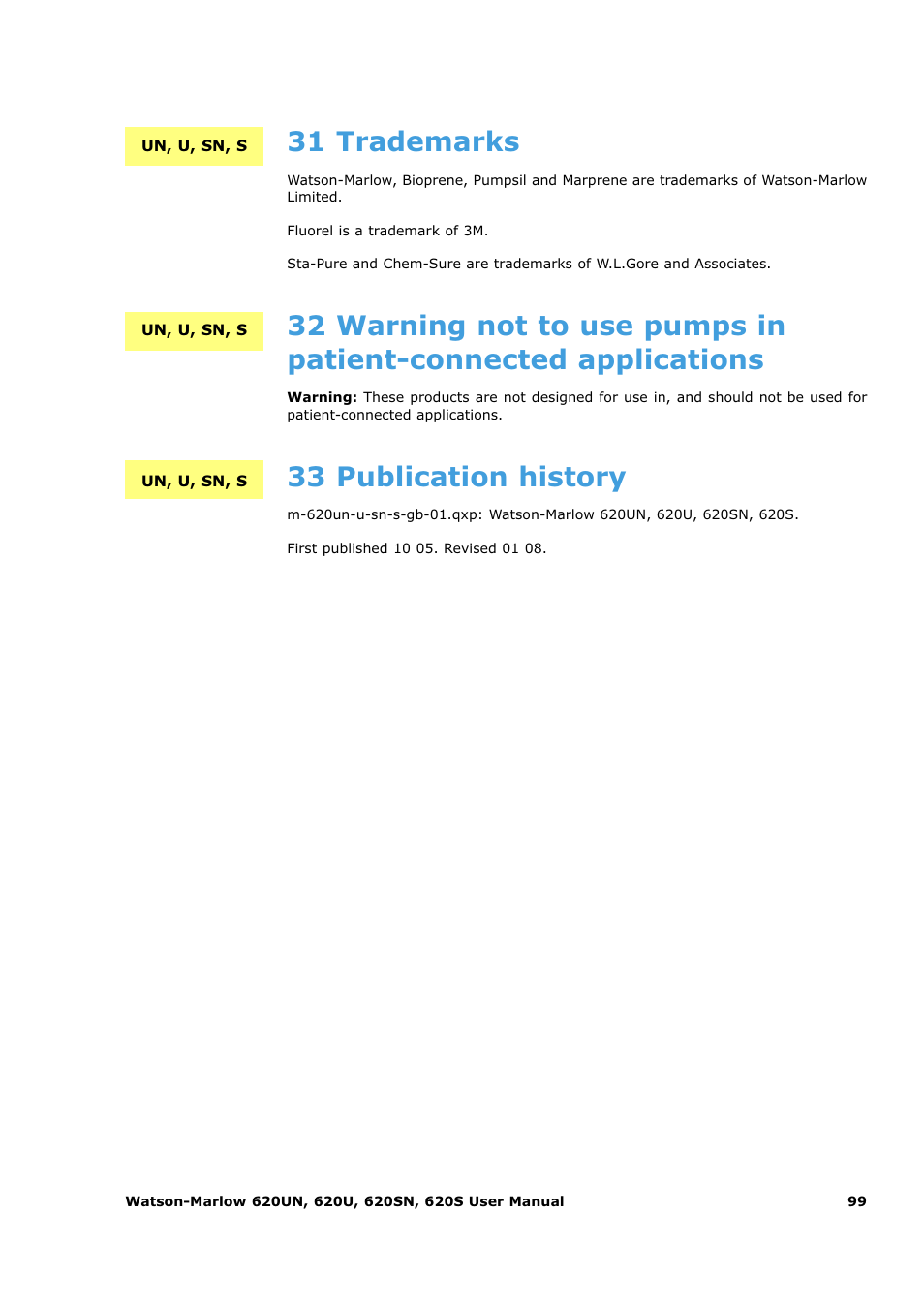31 trademarks, 33 publication history | Watson-Marlow 620U User Manual | Page 99 / 100