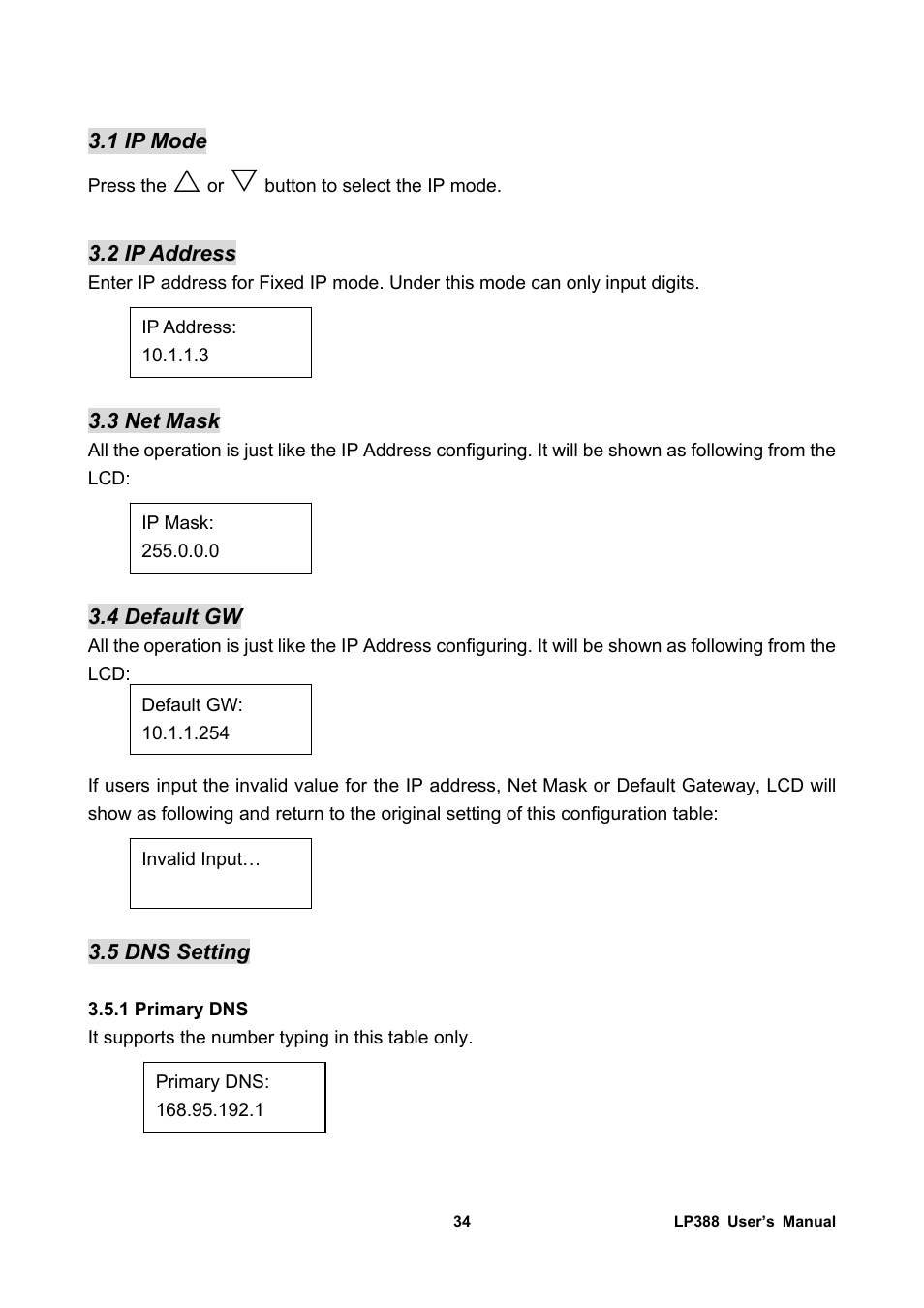 1 ip mode, 2 ip address, 3 net mask | 4 default gw, 5 dns setting, 1 primary dns | Welltech LP-388 Release 103 User Manual | Page 35 / 97