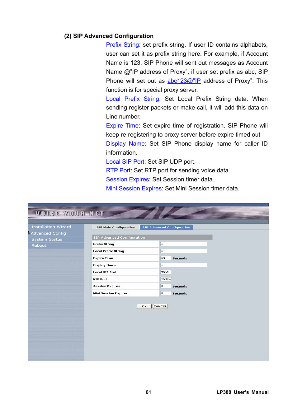 2) sip advanced configuration | Welltech LP-388 Release 103 User Manual | Page 62 / 97