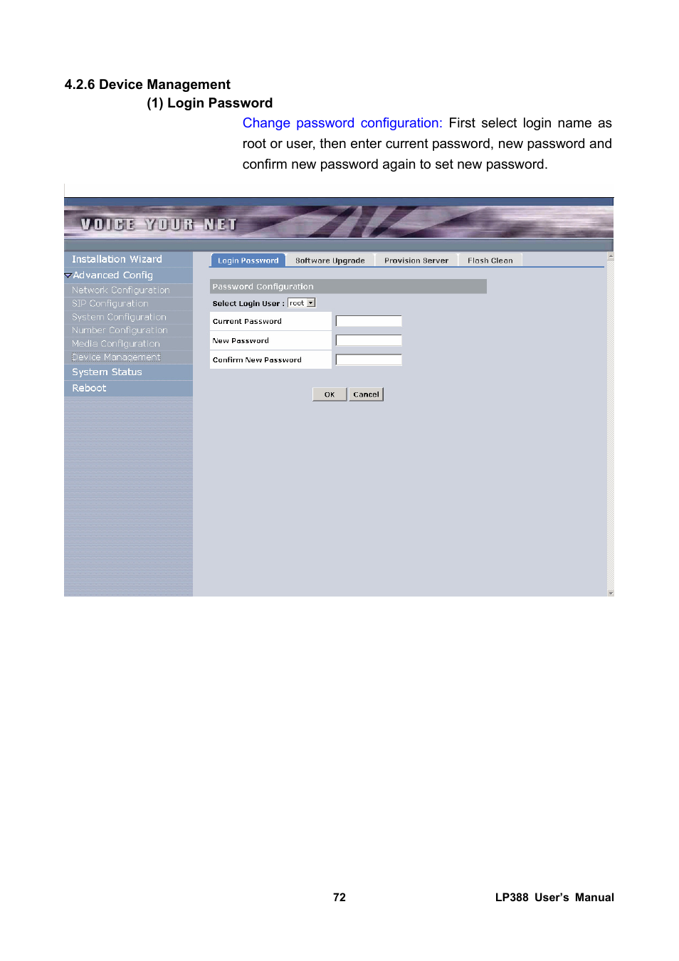 6 device management, 1) login password | Welltech LP-388 Release 103 User Manual | Page 73 / 97