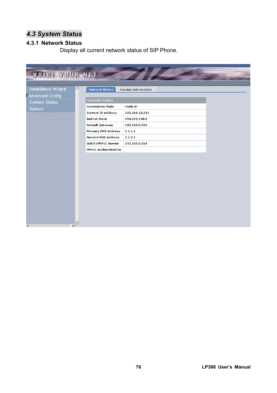 3 system status, 1 network status | Welltech LP-388 Release 103 User Manual | Page 77 / 97