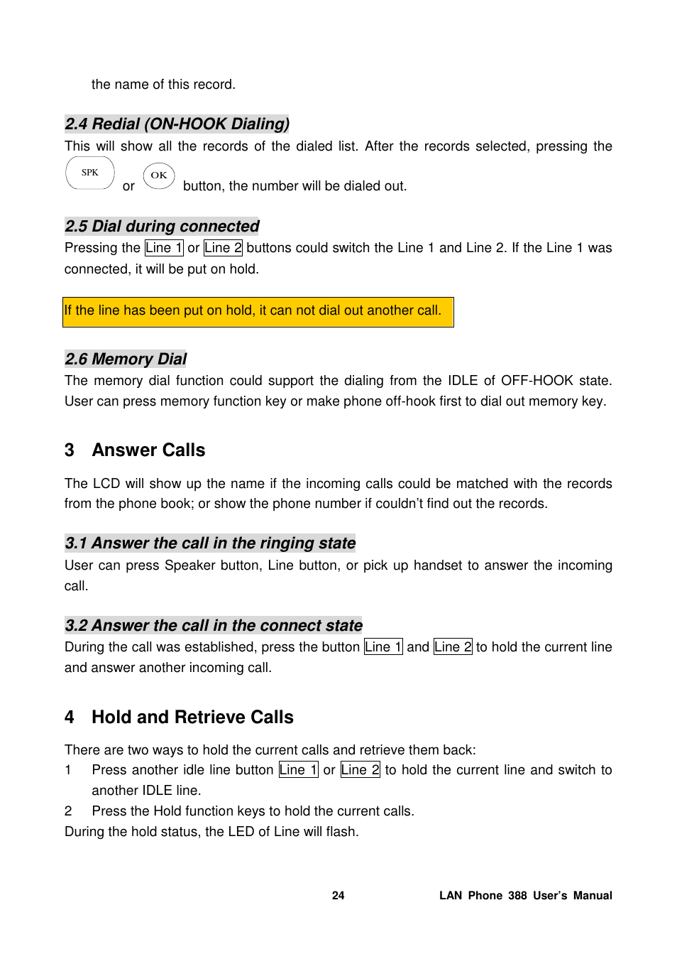 3 answer calls, 4 hold and retrieve calls | Welltech LP-388 Mar-05-2007 User Manual | Page 25 / 95