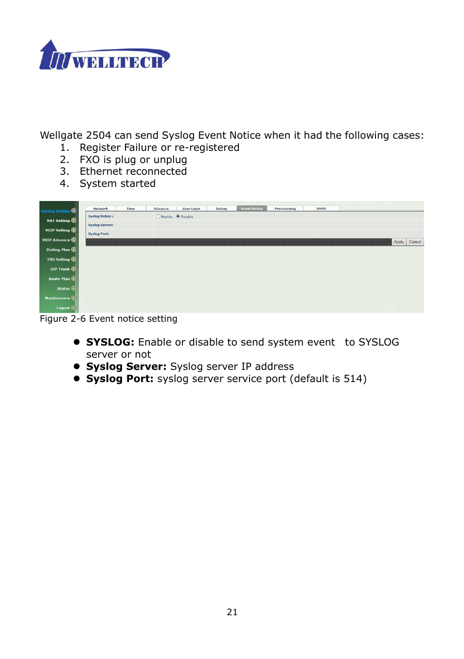 6 event notice | Welltech WG2504 FXS V.4.02 User Manual | Page 21 / 95