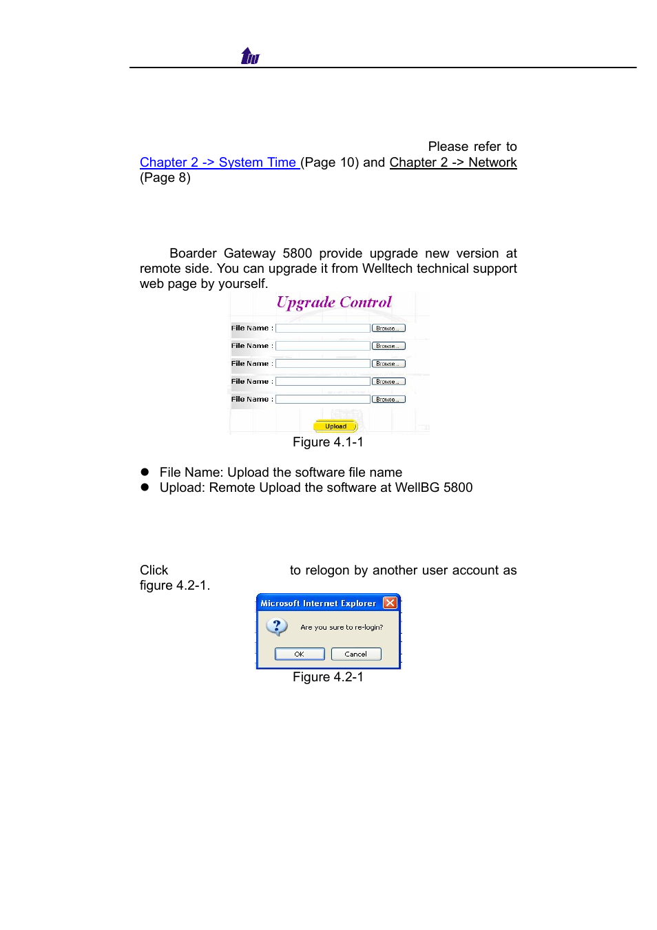 Chapter 4 system control reference, System, system time, Network | Upgrade, Relogin | Welltech WellBG 5800 V.1.3 User Manual | Page 29 / 50