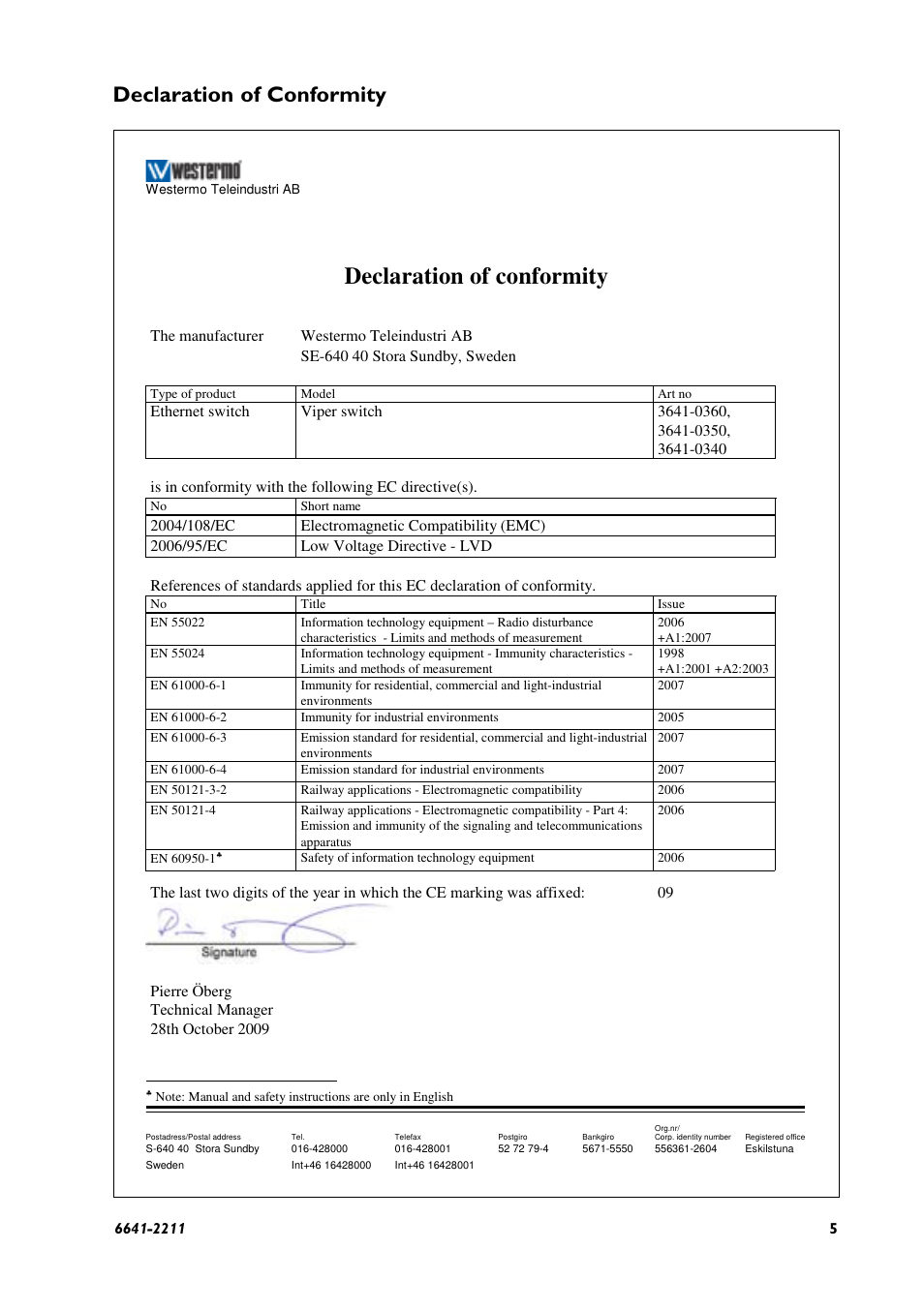 Declaration of conformity | Westermo Viper-008 User Manual | Page 5 / 16