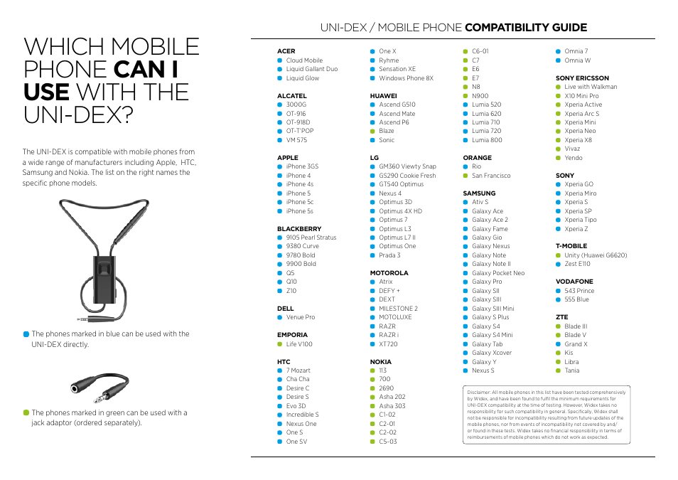 Which mobile phone can i use with the uni-dex, Uni-dex / mobile phone compatibility guide | Widex UNI-DEX User Manual | Page 2 / 2