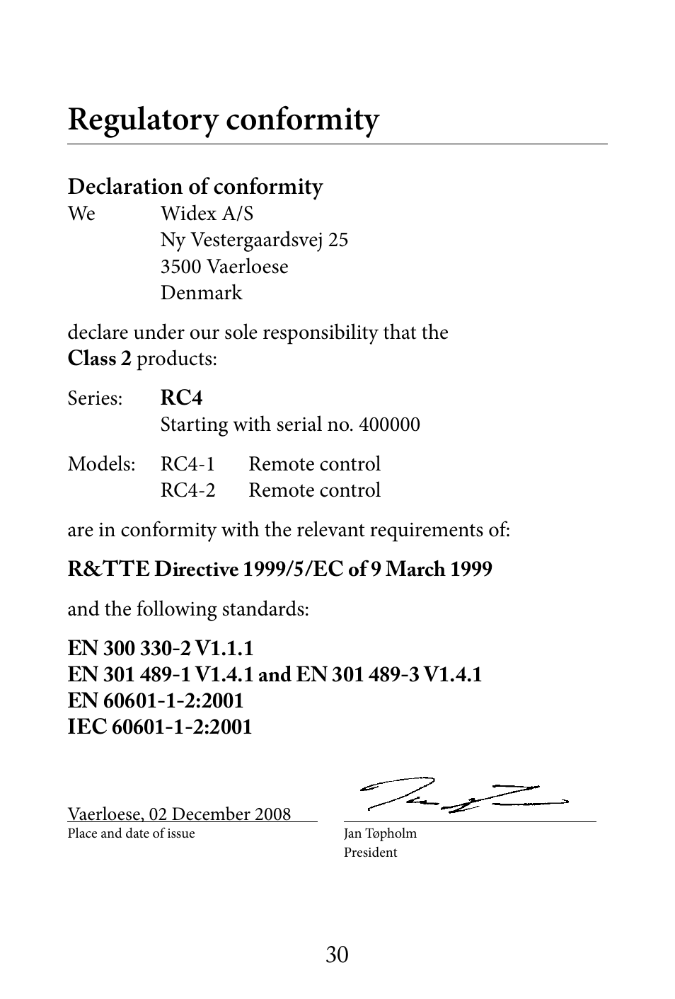 Regulatory conformity | Widex RC4-1 User Manual | Page 30 / 36