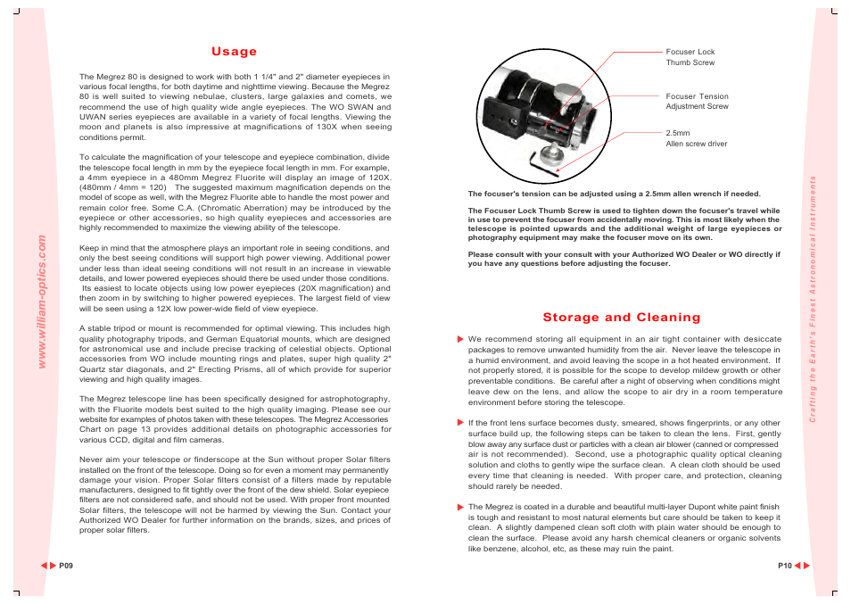 Usage, Storage and cleaning | William Optics Megrez 80 User Manual | Page 7 / 12