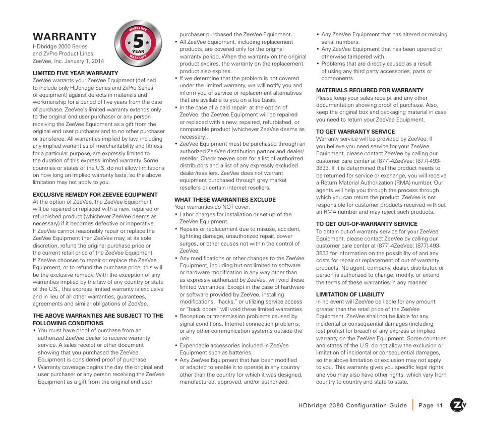 Warranty | ZeeVee HDbridge 2380 (QAM) User Manual | Page 11 / 12