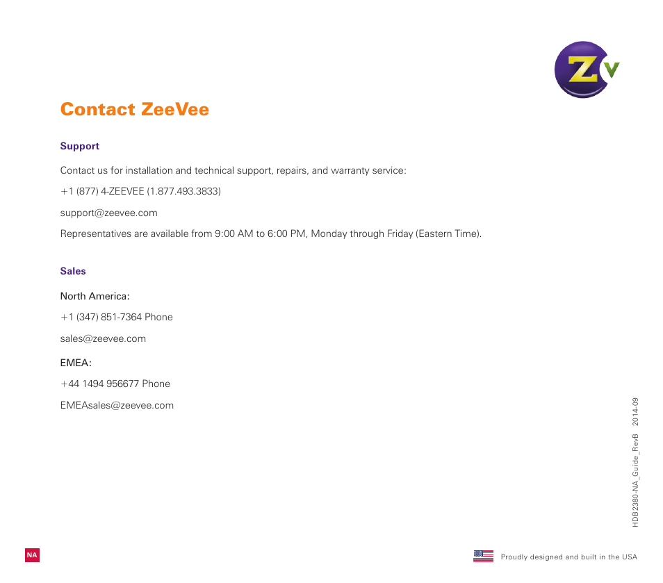 Contact zeevee | ZeeVee HDbridge 2380 (QAM) User Manual | Page 12 / 12