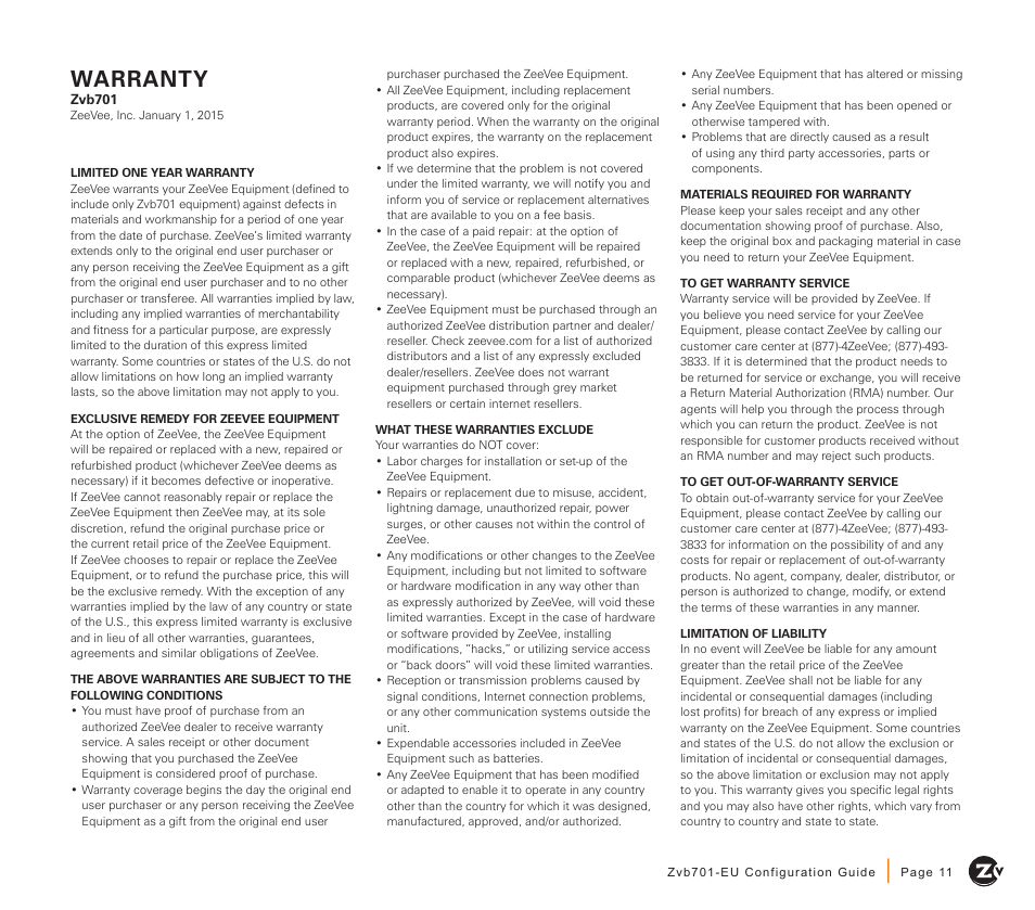 Warranty | ZeeVee Zvb701 (DVB-T/C) User Manual | Page 11 / 12