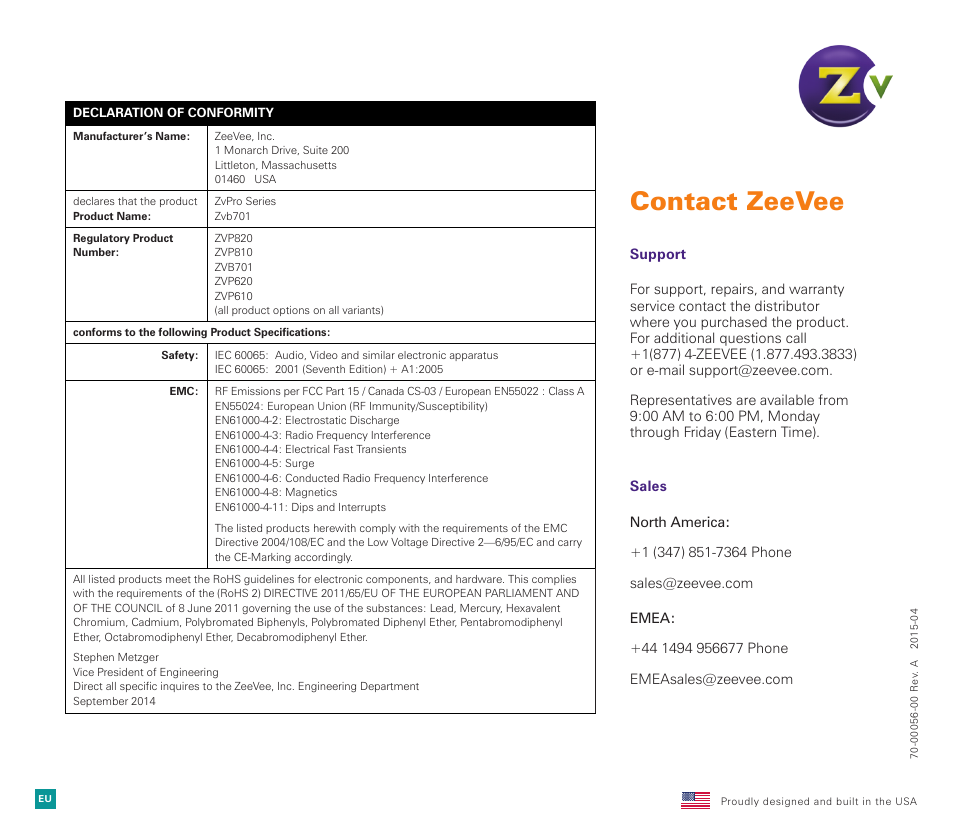 Contact zeevee | ZeeVee Zvb701 (DVB-T/C) User Manual | Page 12 / 12