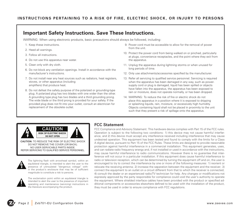 Fcc statement | ZeeVee Zvb701 (DVB-T/C) User Manual | Page 2 / 12