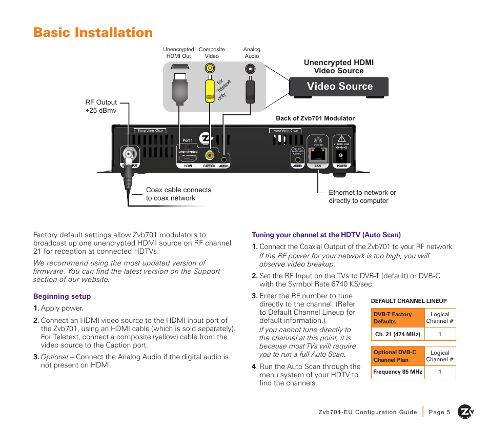 Basic installation, Video source | ZeeVee Zvb701 (DVB-T/C) User Manual | Page 5 / 12