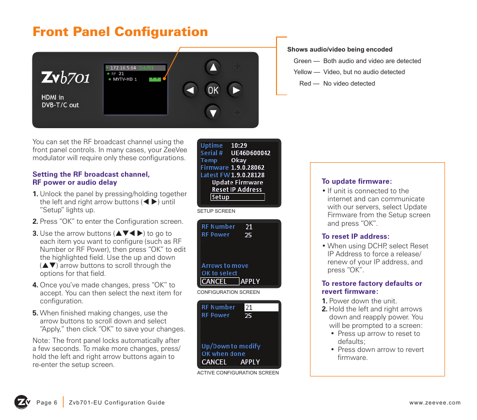 Front panel configuration | ZeeVee Zvb701 (DVB-T/C) User Manual | Page 6 / 12