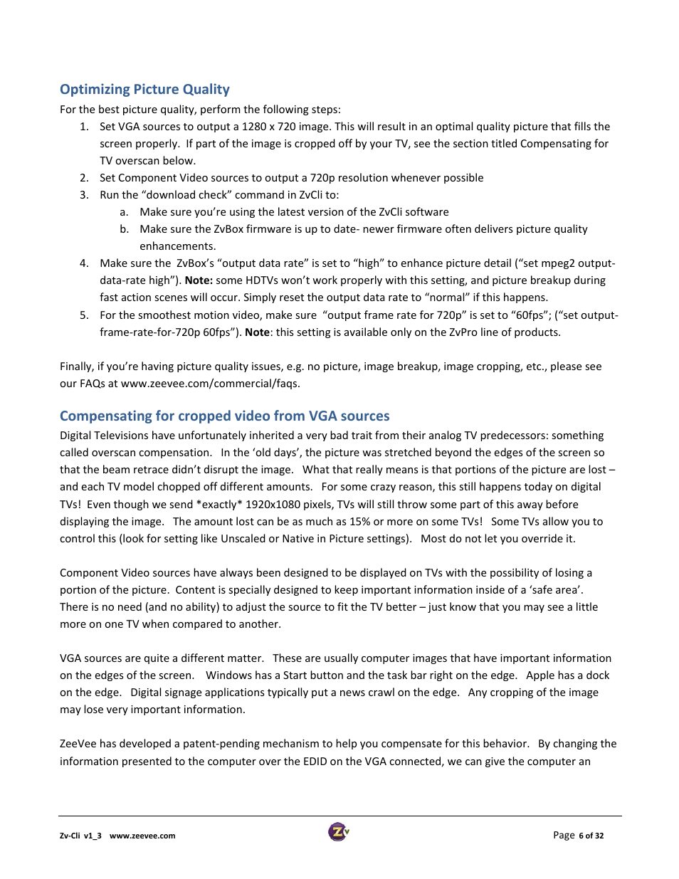 Optimizing picture quality, Compensating for cropped video from vga sources | ZeeVee ZvCli User Manual User Manual | Page 6 / 32