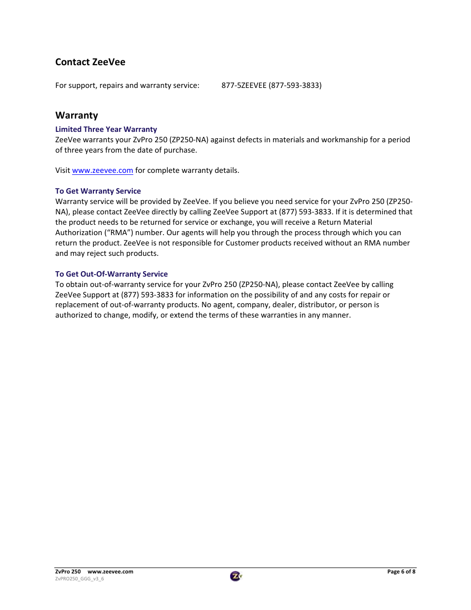Contact zeevee, Warranty | ZeeVee ZvPro 250 User Manual | Page 6 / 8