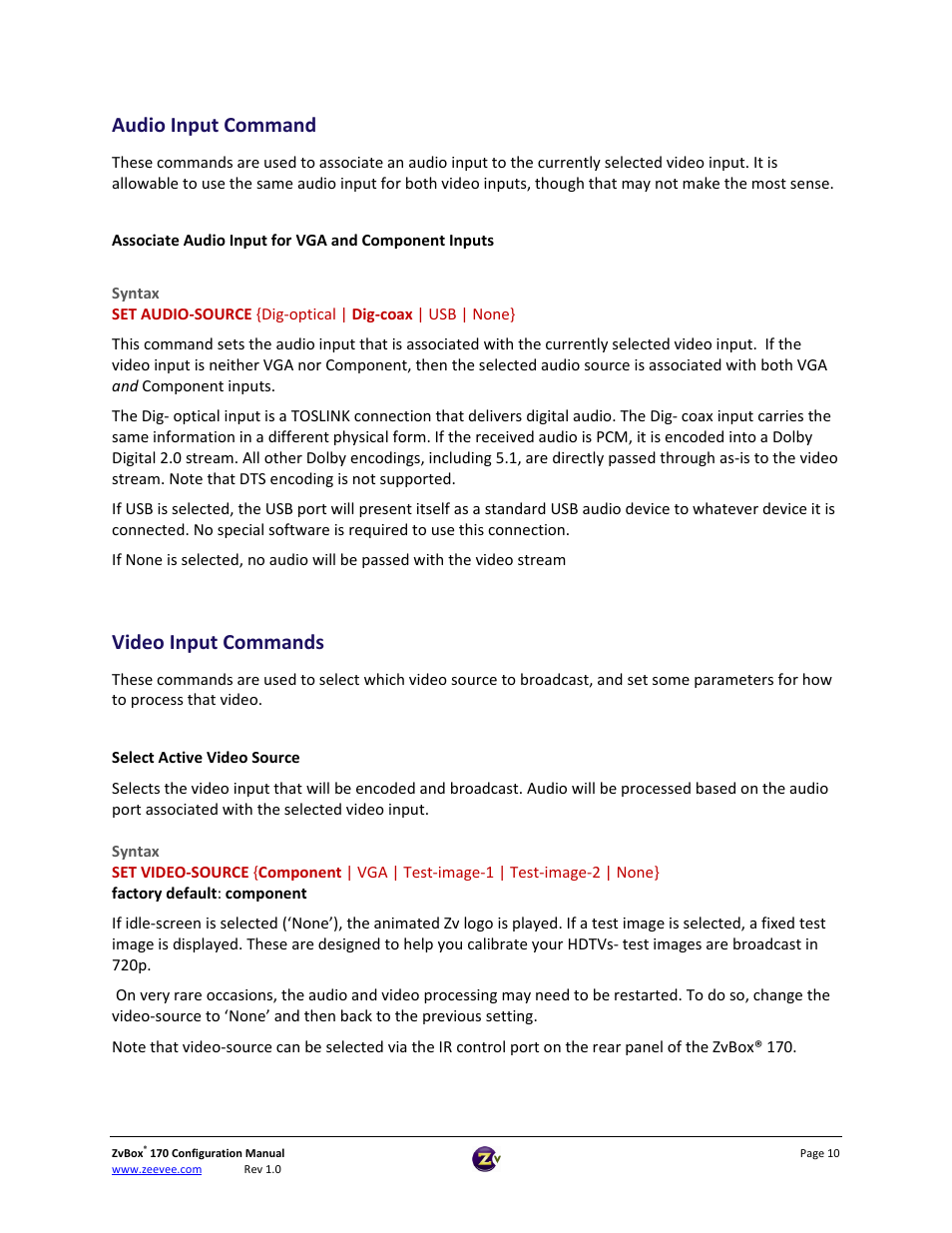 Audio input command, Video input commands | ZeeVee ZvBox 170 Front Panel User Manual | Page 10 / 15