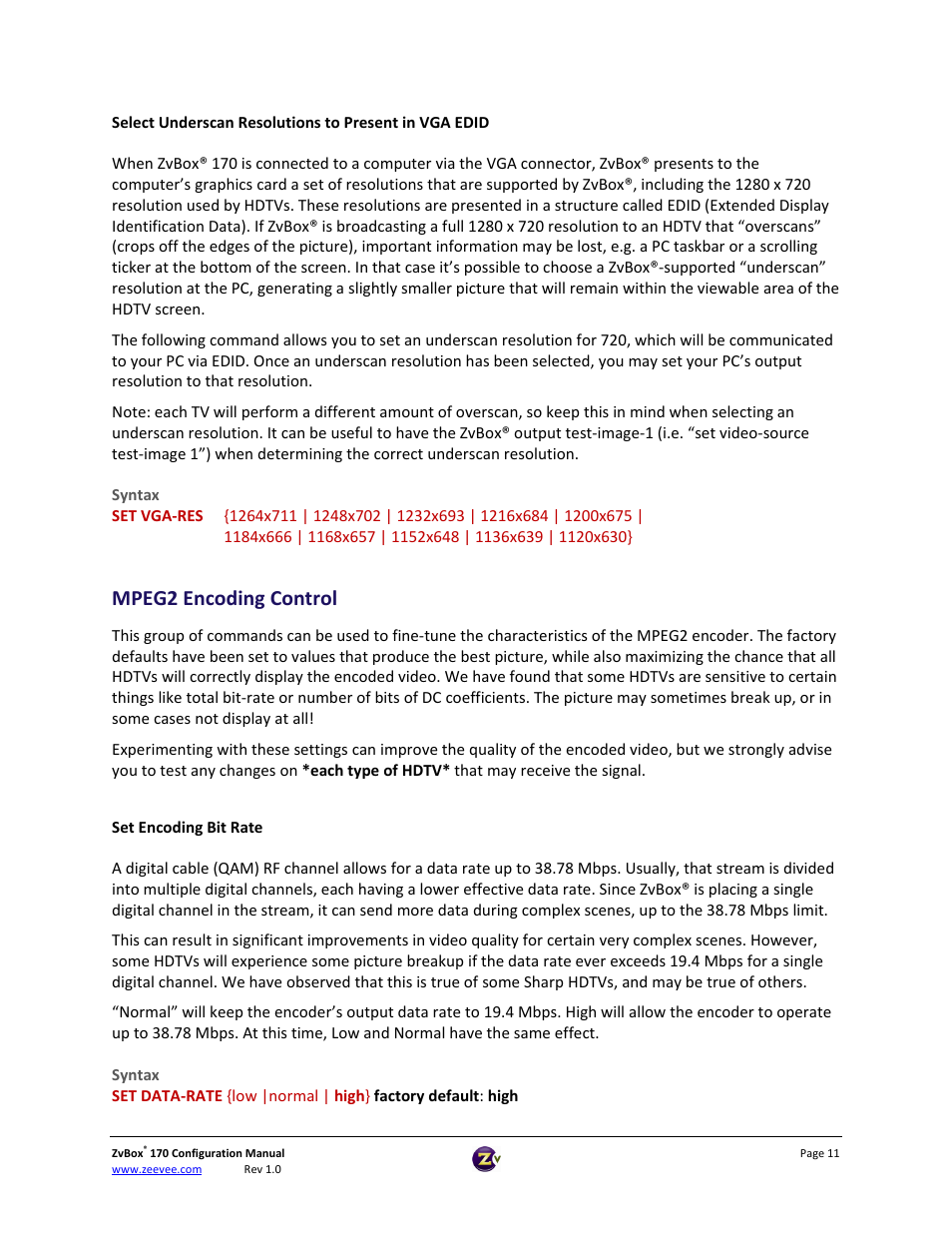 Mpeg2 encoding control | ZeeVee ZvBox 170 Front Panel User Manual | Page 11 / 15