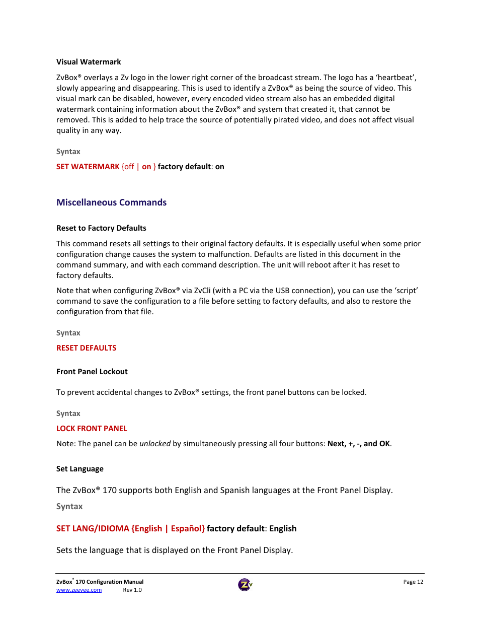 Miscellaneous commands | ZeeVee ZvBox 170 Front Panel User Manual | Page 12 / 15