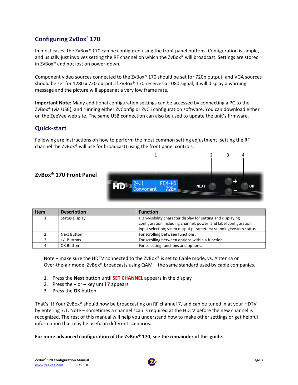 Configuring zvbox, Quick‐start, Zvbox® 170 front panel | ZeeVee ZvBox 170 Front Panel User Manual | Page 3 / 15