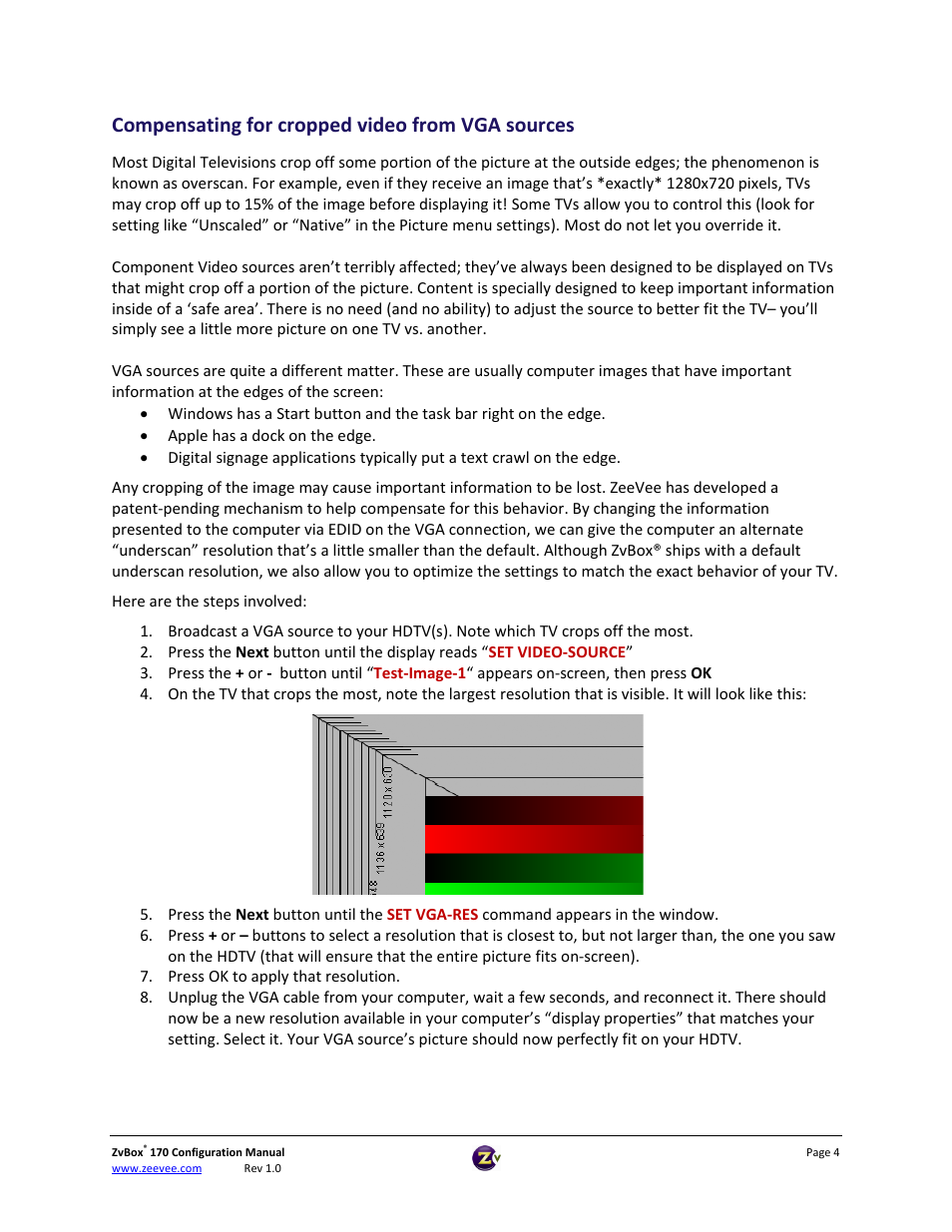 Compensating for cropped video from vga sources | ZeeVee ZvBox 170 Front Panel User Manual | Page 4 / 15