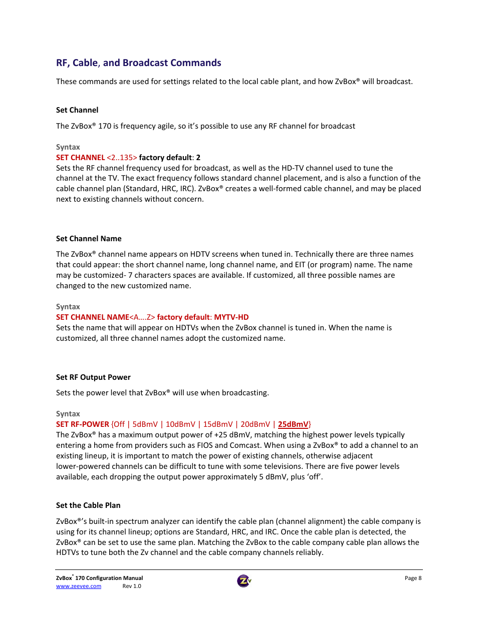 Rf, cable , and broadcast commands | ZeeVee ZvBox 170 Front Panel User Manual | Page 8 / 15