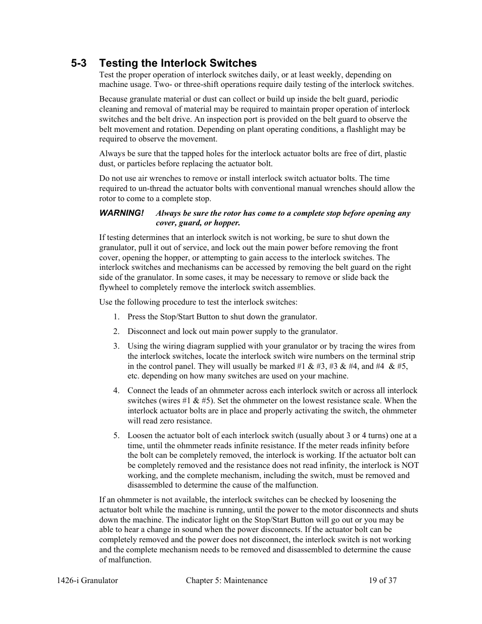 3 testing the interlock switches | AEC 1426-i Twin-Shear Granulator User Manual | Page 20 / 38