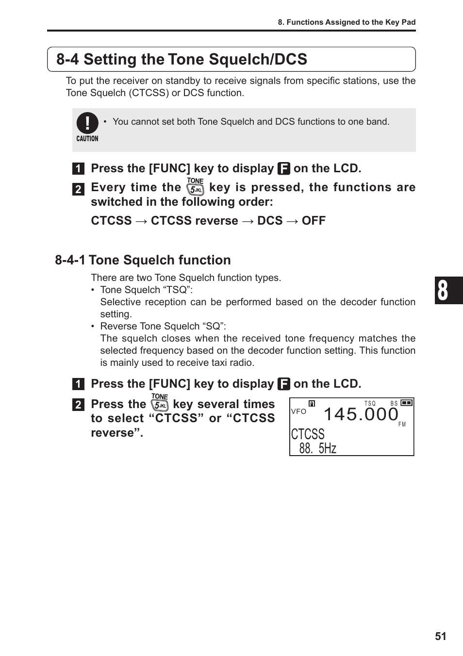 4 setting the tone squelch/dcs, Ctcss 88. 5hz, 4-1 tone squelch function | Alinco DJ-X11 User Manual | Page 51 / 113
