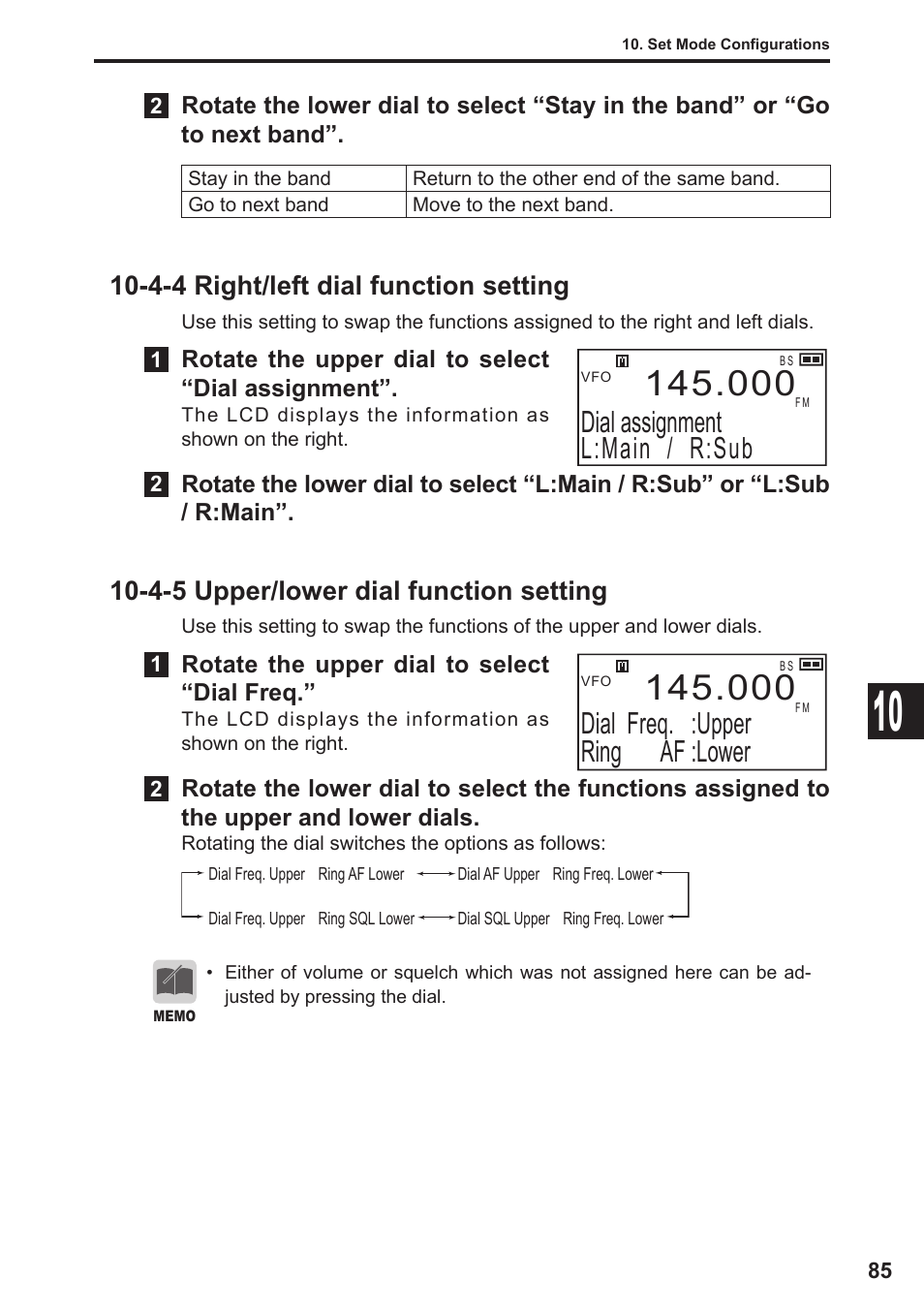 Dial assignment l:main / r:sub, Dial freq. :upper ring af :lower, 4-4 right/left dial function setting | 4-5 upper/lower dial function setting | Alinco DJ-X11 User Manual | Page 85 / 113