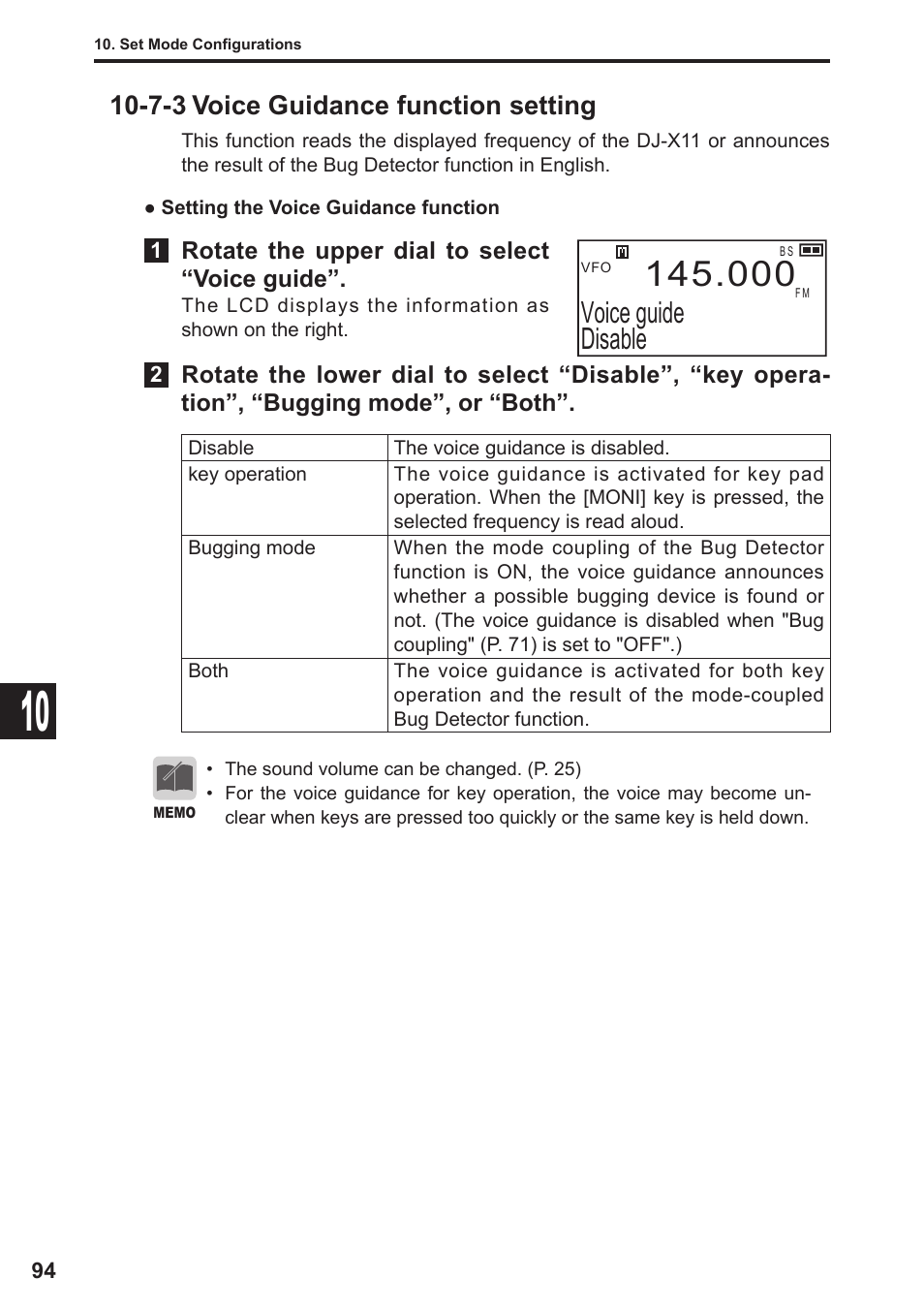 Voice guide disable, 7-3 voice guidance function setting | Alinco DJ-X11 User Manual | Page 94 / 113