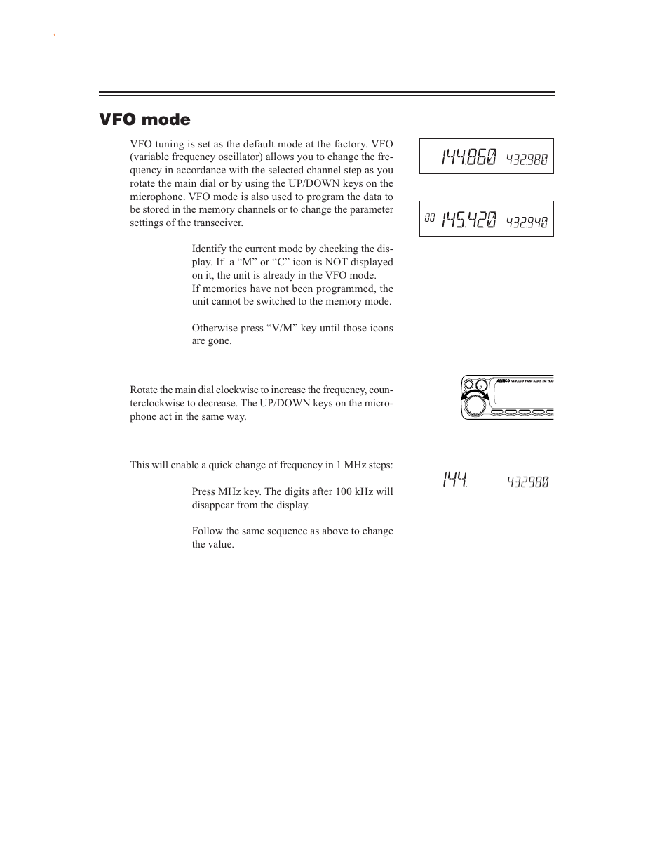Setting the channel step, Vfo mode, Changing frequency by channel step | Changing frequency by 1 mhz step | Alinco DR-635 User Manual | Page 18 / 66