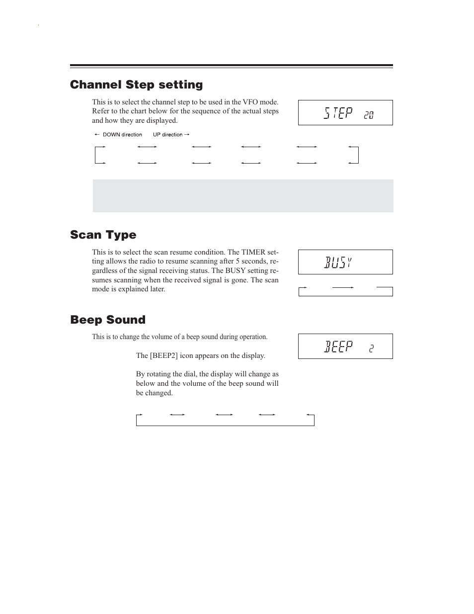 Channel step setting, Scan type, Beep sound | Alinco DR-635 User Manual | Page 30 / 66