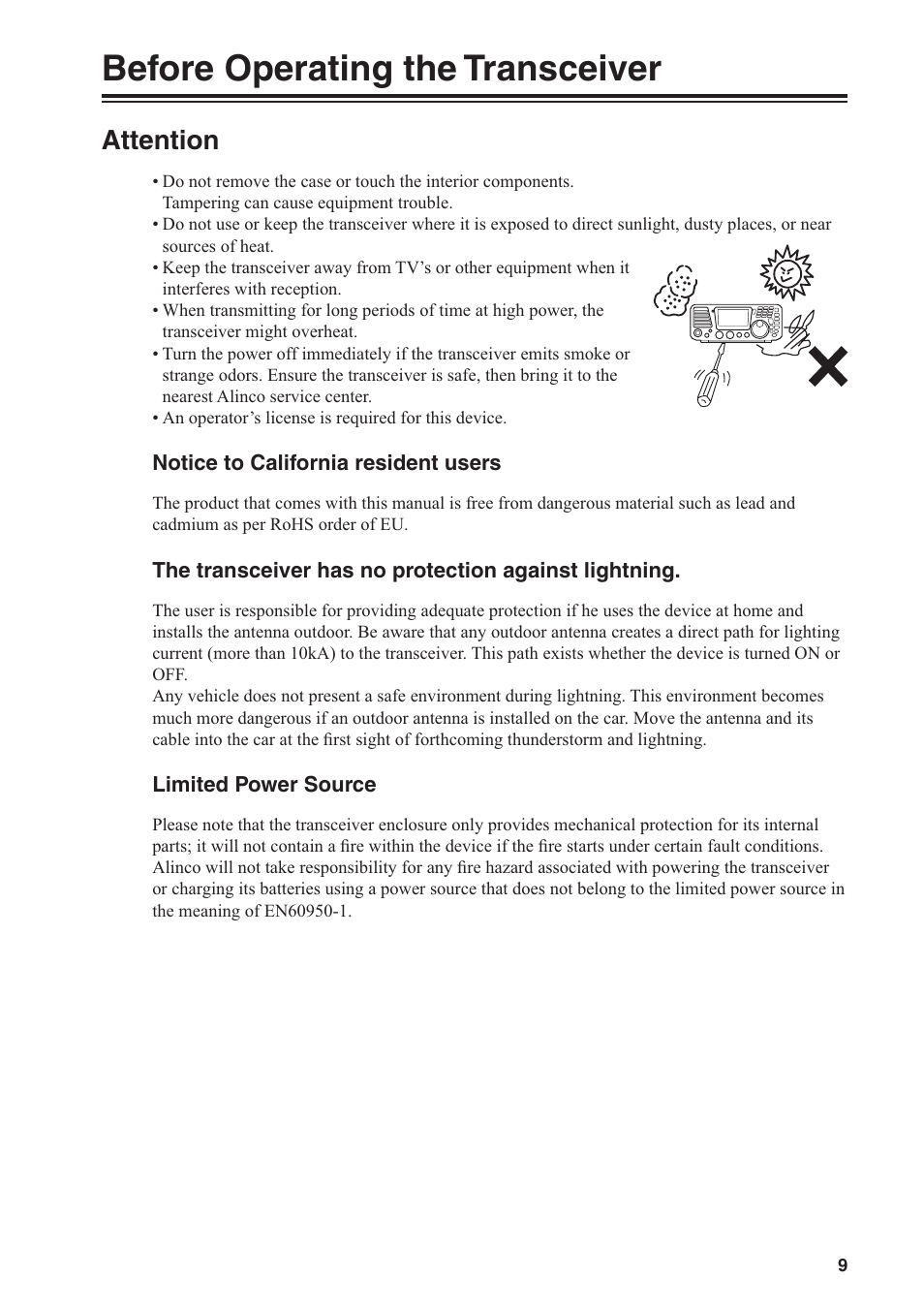 Before operating the transceiver, Attention | Alinco DR-SR8 User Manual | Page 11 / 97