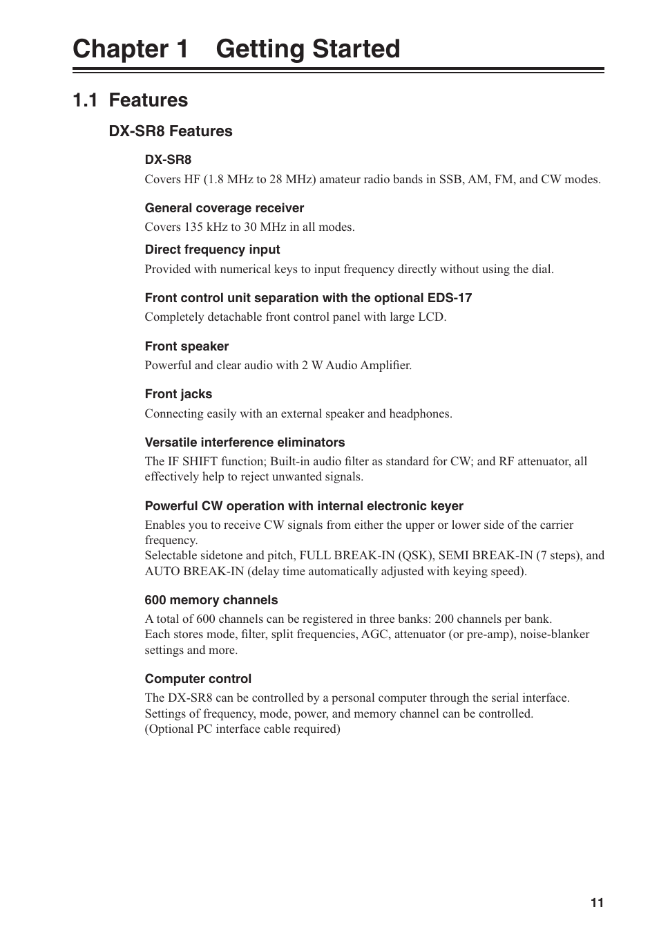 Chapter 1 getting started, 1 features | Alinco DR-SR8 User Manual | Page 13 / 97