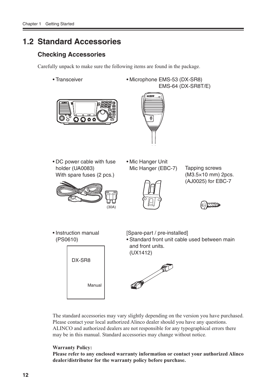 2 standard accessories, Checking accessories | Alinco DR-SR8 User Manual | Page 14 / 97