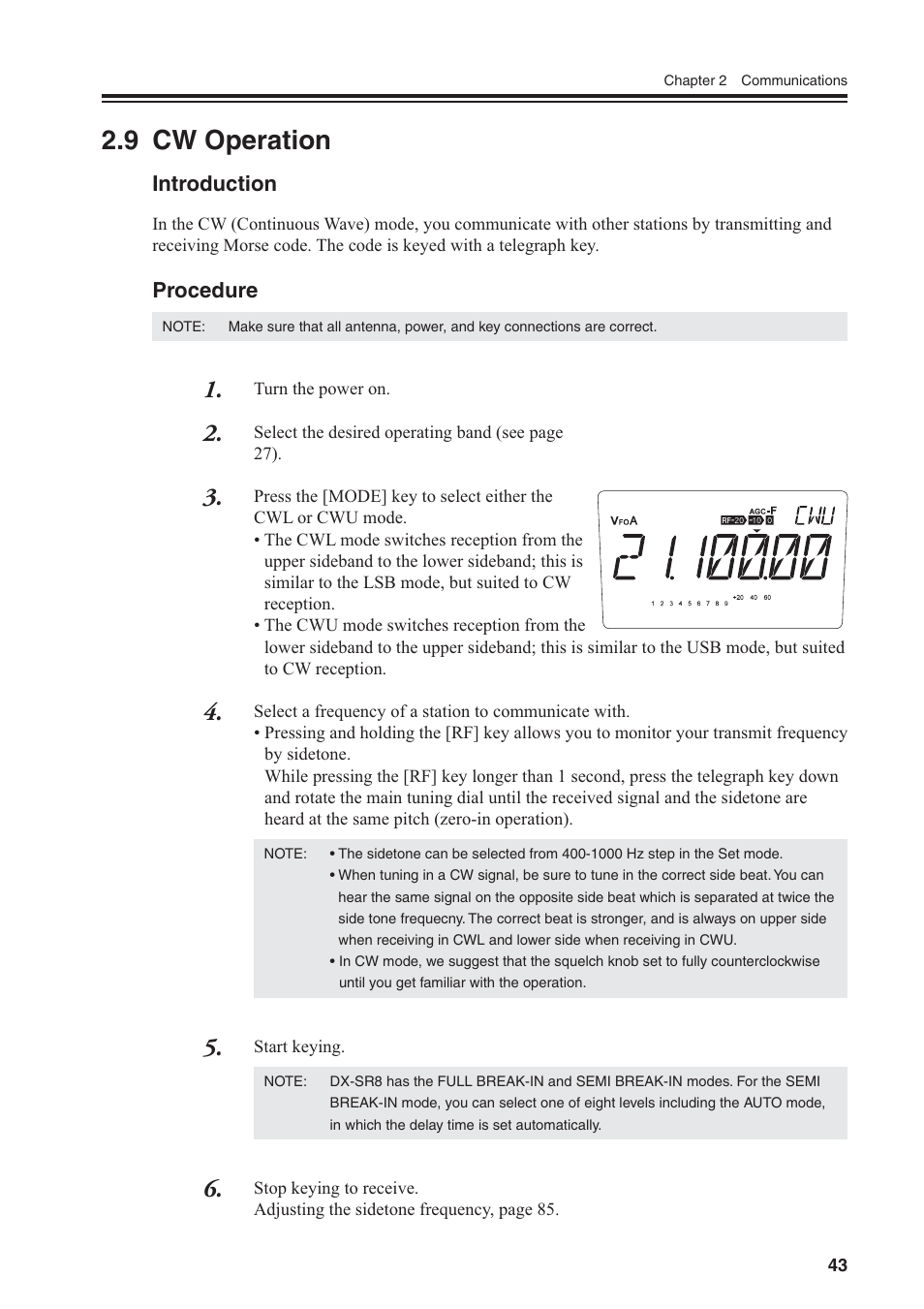 9 cw operation, Introduction, Procedure | Alinco DR-SR8 User Manual | Page 45 / 97