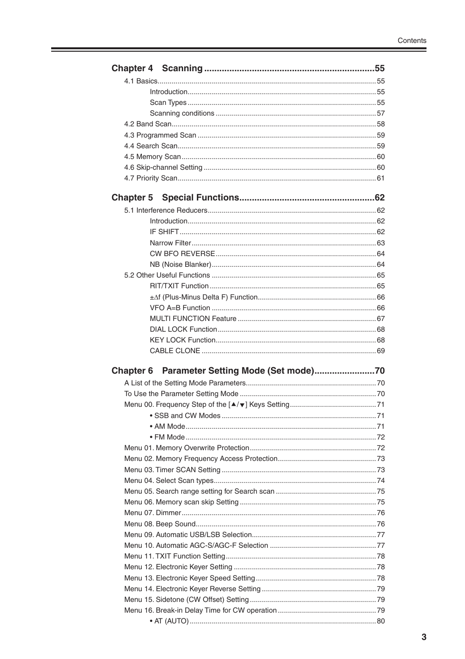 Chapter 4 scanning, Chapter 5 special functions, Chapter 6 parameter setting mode (set mode) | Alinco DR-SR8 User Manual | Page 5 / 97