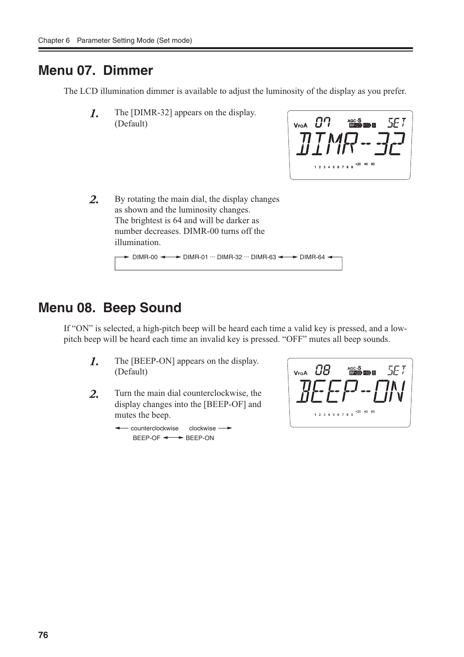 Menu 07. dimmer, Menu 08. beep sound | Alinco DR-SR8 User Manual | Page 78 / 97