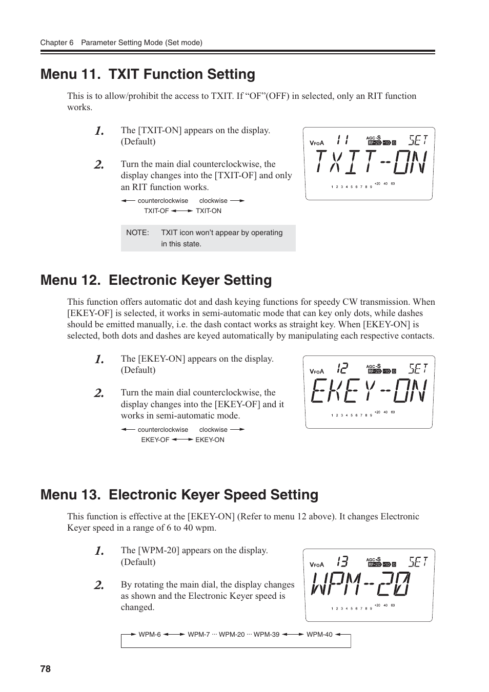 Menu 11. txit function setting, Menu 12. electronic keyer setting, Menu 13. electronic keyer speed setting | Alinco DR-SR8 User Manual | Page 80 / 97