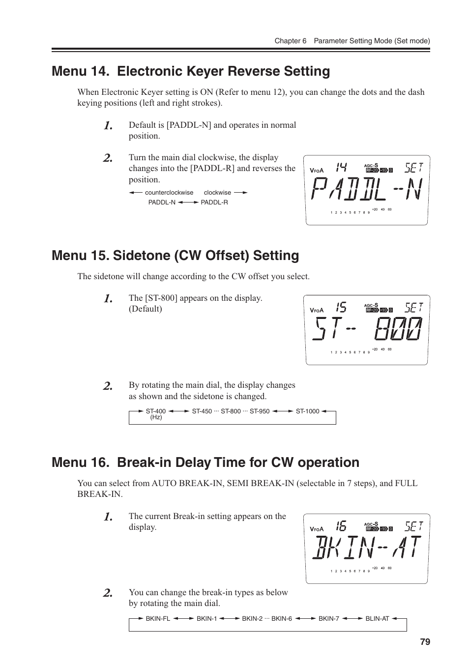 Menu 14. electronic keyer reverse setting, Menu 15. sidetone (cw offset) setting, Menu 16. break-in delay time for cw operation | Alinco DR-SR8 User Manual | Page 81 / 97