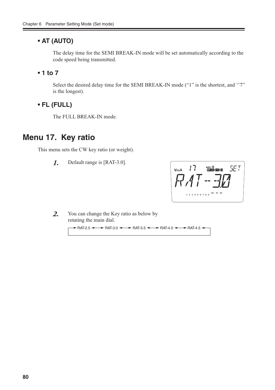 Menu 17. key ratio, At (auto), 1 to 7 | Fl (full) | Alinco DR-SR8 User Manual | Page 82 / 97