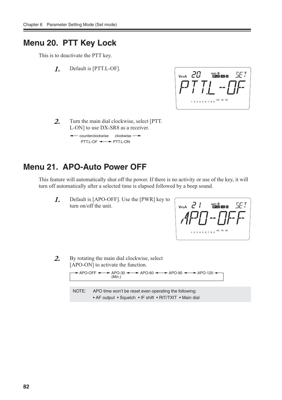 Menu 20. ptt key lock, Menu 21. apo-auto power off | Alinco DR-SR8 User Manual | Page 84 / 97