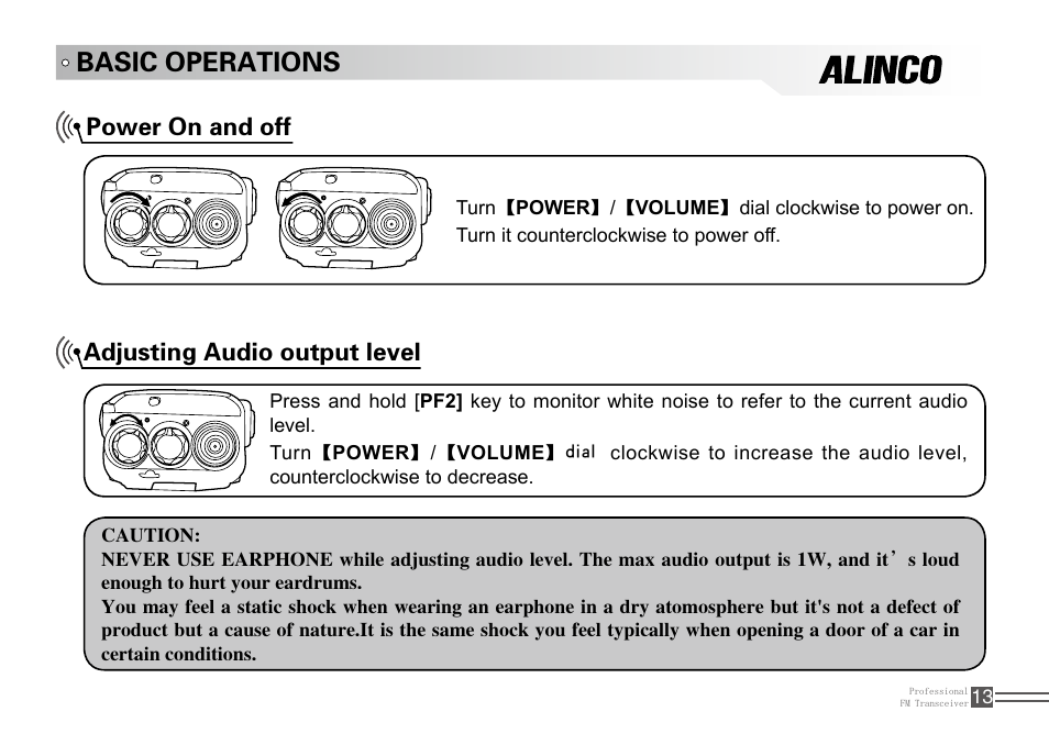 Basic operations, Power on and off, Adjusting audio output level | Alinco DJ-100 User Manual | Page 30 / 78