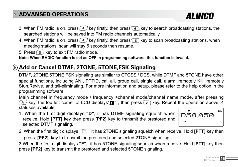 Advansed operations, Add or cancel dtmf, 2tone, 5tone,fsk signaling | Alinco DJ-100 User Manual | Page 36 / 78