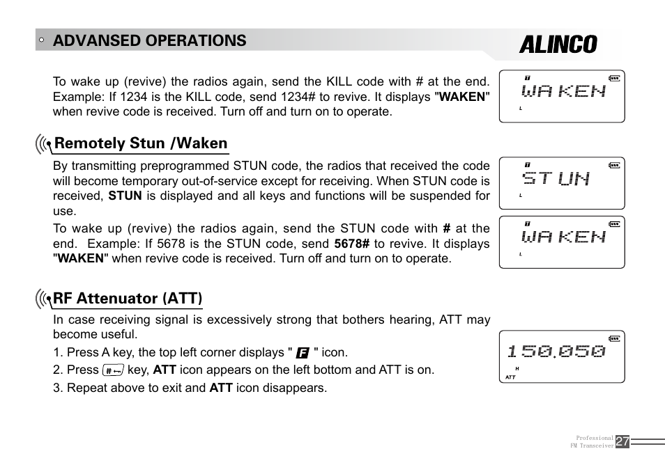 Rf attenuator (att) remotely stun /waken, Advansed operations | Alinco DJ-100 User Manual | Page 44 / 78