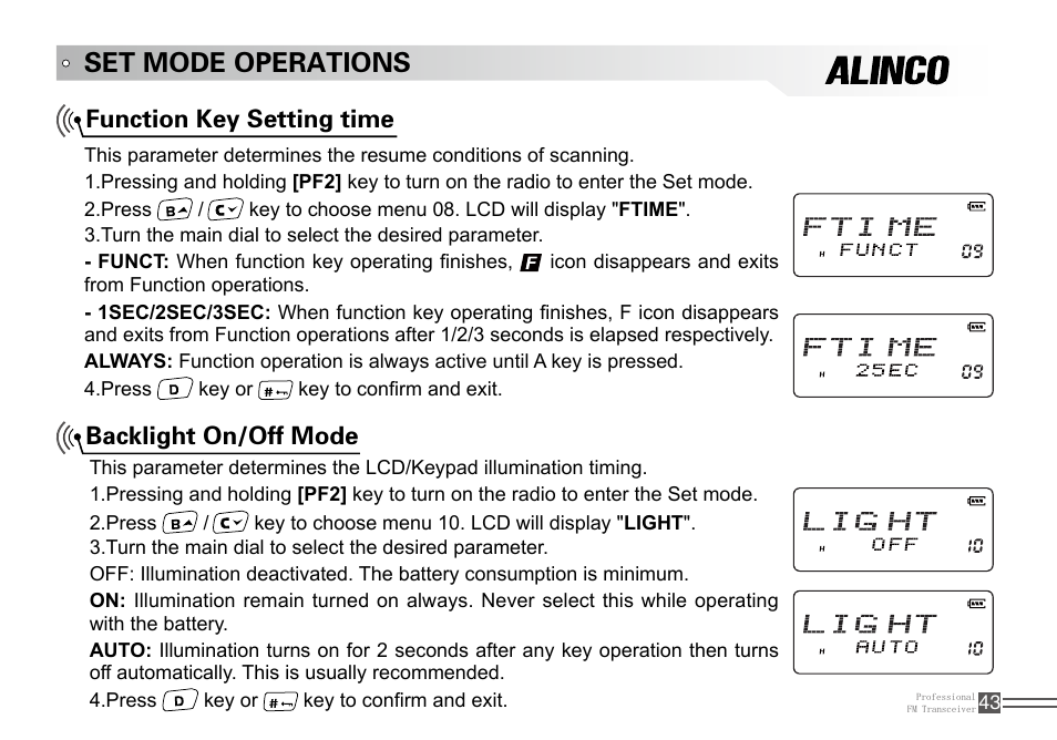 Set mode operations, Function key setting time backlight on/off mode | Alinco DJ-100 User Manual | Page 60 / 78