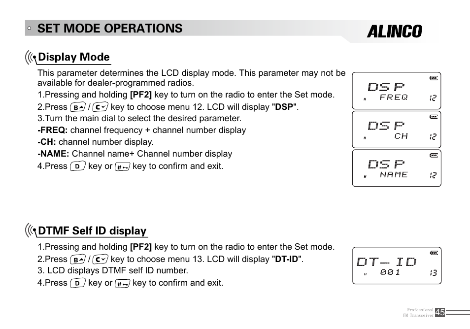 Set mode operations, Display mode dtmf self id display | Alinco DJ-100 User Manual | Page 62 / 78