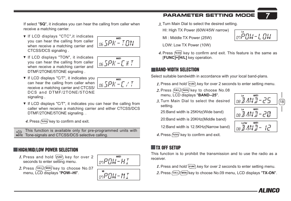 High/mid/low power selection, Band-width selection, Tx off setup | Alinco DR-138  User Manual | Page 26 / 41